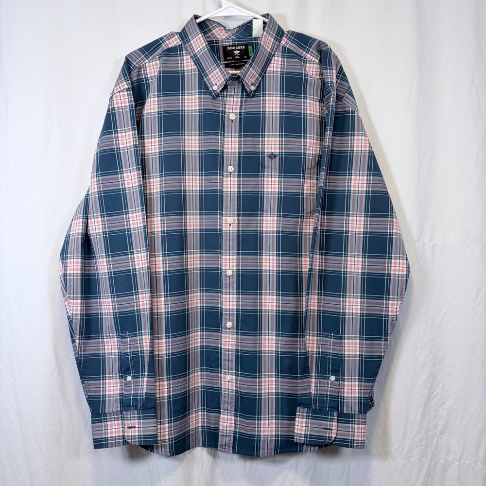 Dockers Shirt Button Down Classic Plaid‎ Blue Pink Embroidered Logo Size XXL